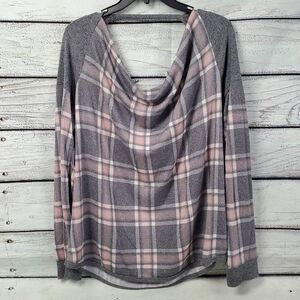 Maurices 24/7 Cowl Neck Long Sleeve Top Gray Pink Plaid Size Large Soft Stretchy
